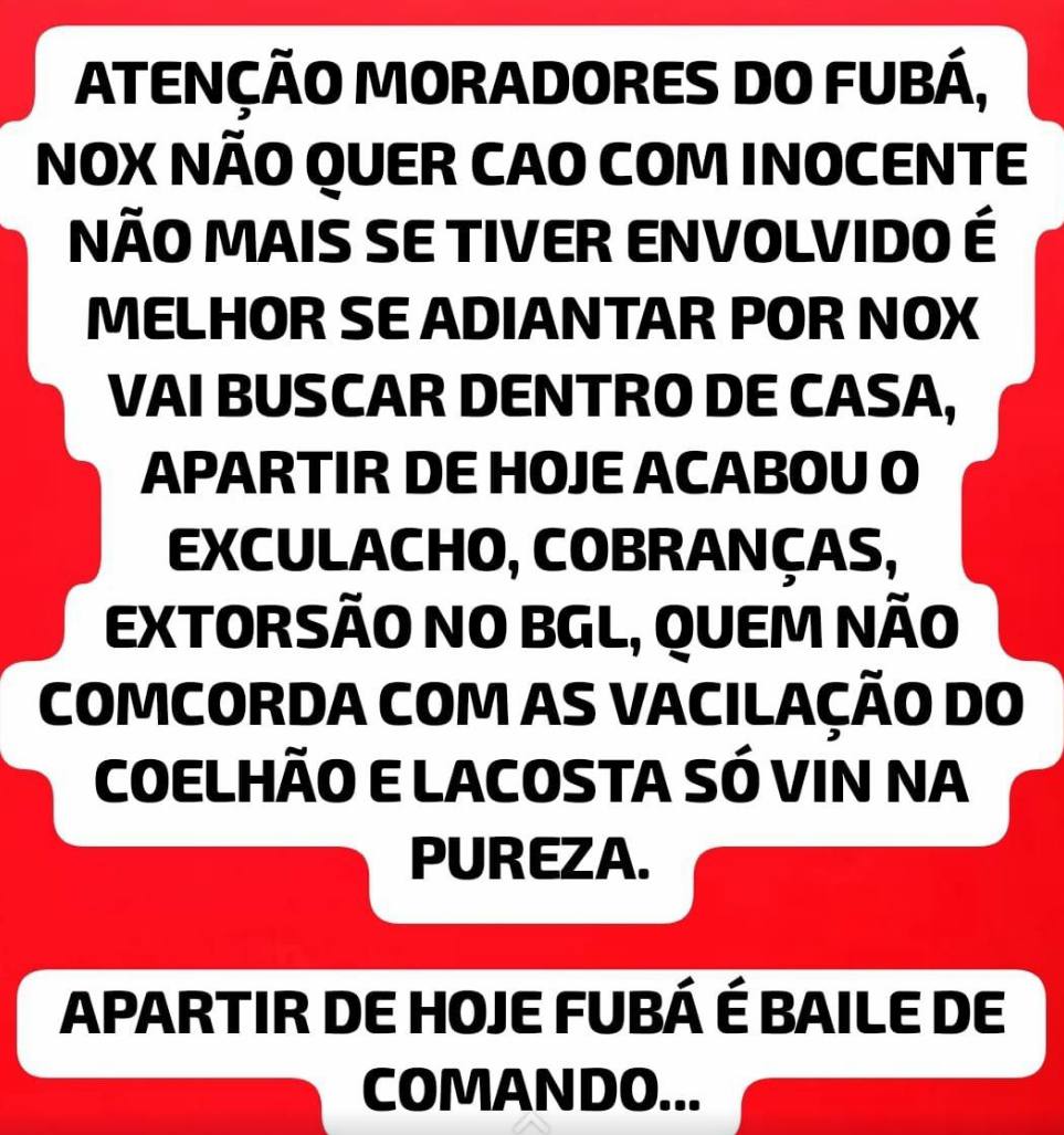 Após novo tiroteio, suposta mensagem do CV diz que eles tomaram o Fubá
