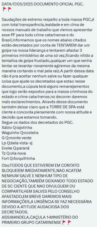 Bandidos em racha interno de facção catarinense recebem apoio do CV do Rio