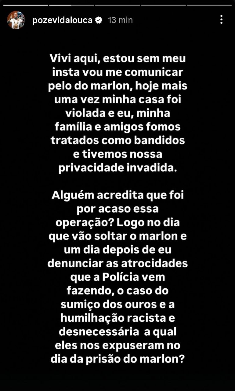 Alvo de operação contra lavagem de dinheiro do CV, mulher de MC Poze acusa polícia e governador de perseguição