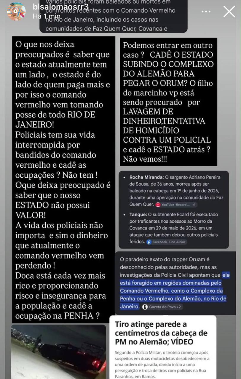 Após operação na Serrinha, mensagens atribuídas a traficantes do TCP dizem que Estado estaria do lado do CV