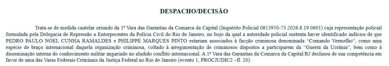 JUSTIÇA FEDERAL CONFIRMA BRAÇO INTERNACIONAL DO CV PARA RECRUTAR BRASILEIROS PARA A GUERRA NA UCRÂNIA