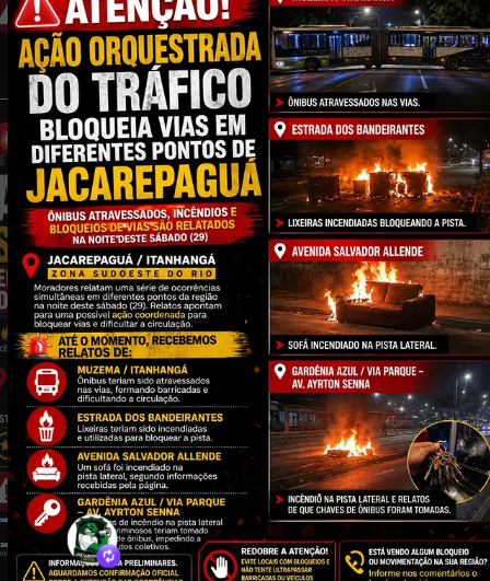 Cúpula do CV teria ordenado invasão de Rio das Pedras e espalhado caos por Jacarepaguá; com ônibus atravessados e mortes.VEJA TODOS PONTOS CRÍTICOS